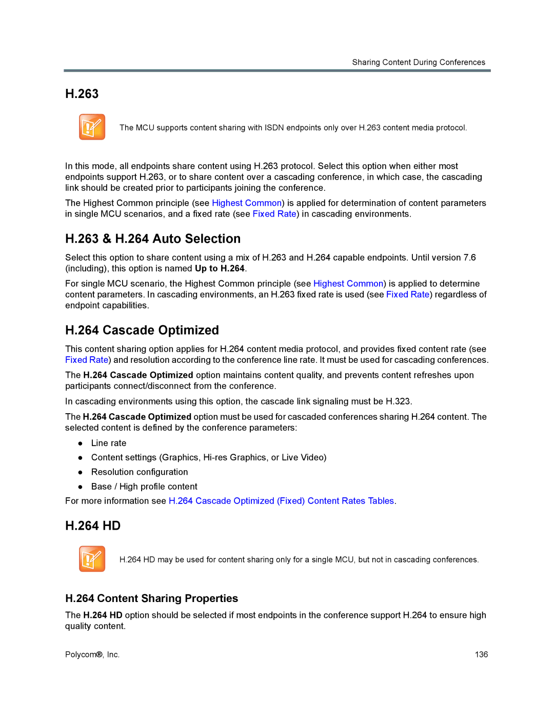 Polycom 1500/1800/2000/4000 manual 263 & H.264 Auto Selection, Cascade Optimized, 264 HD, Content Sharing Properties 