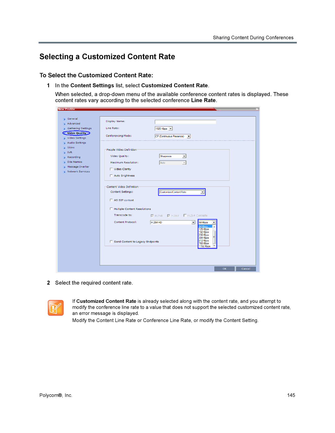 Polycom 1500/1800/2000/4000 manual Selecting a Customized Content Rate, To Select the Customized Content Rate 