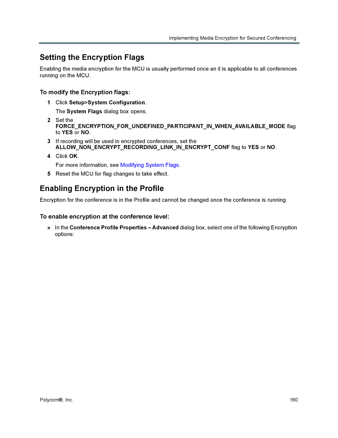 Polycom 1500/1800/2000/4000 manual Setting the Encryption Flags, Enabling Encryption in the Profile 