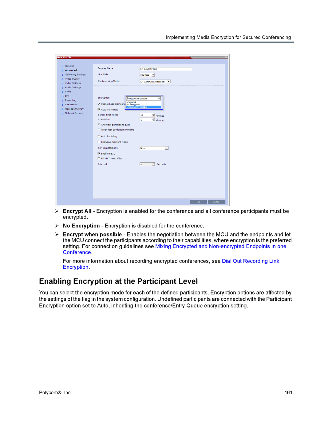 Polycom 1500/1800/2000/4000 manual Enabling Encryption at the Participant Level 