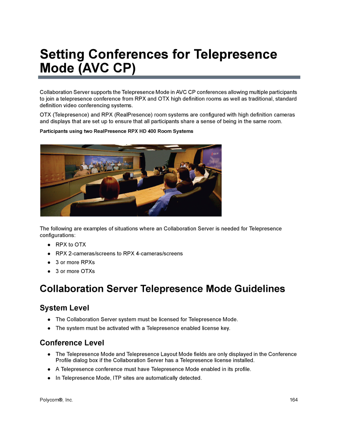 Polycom 1500/1800/2000/4000 manual Setting Conferences for Telepresence Mode AVC CP, System Level, Conference Level 