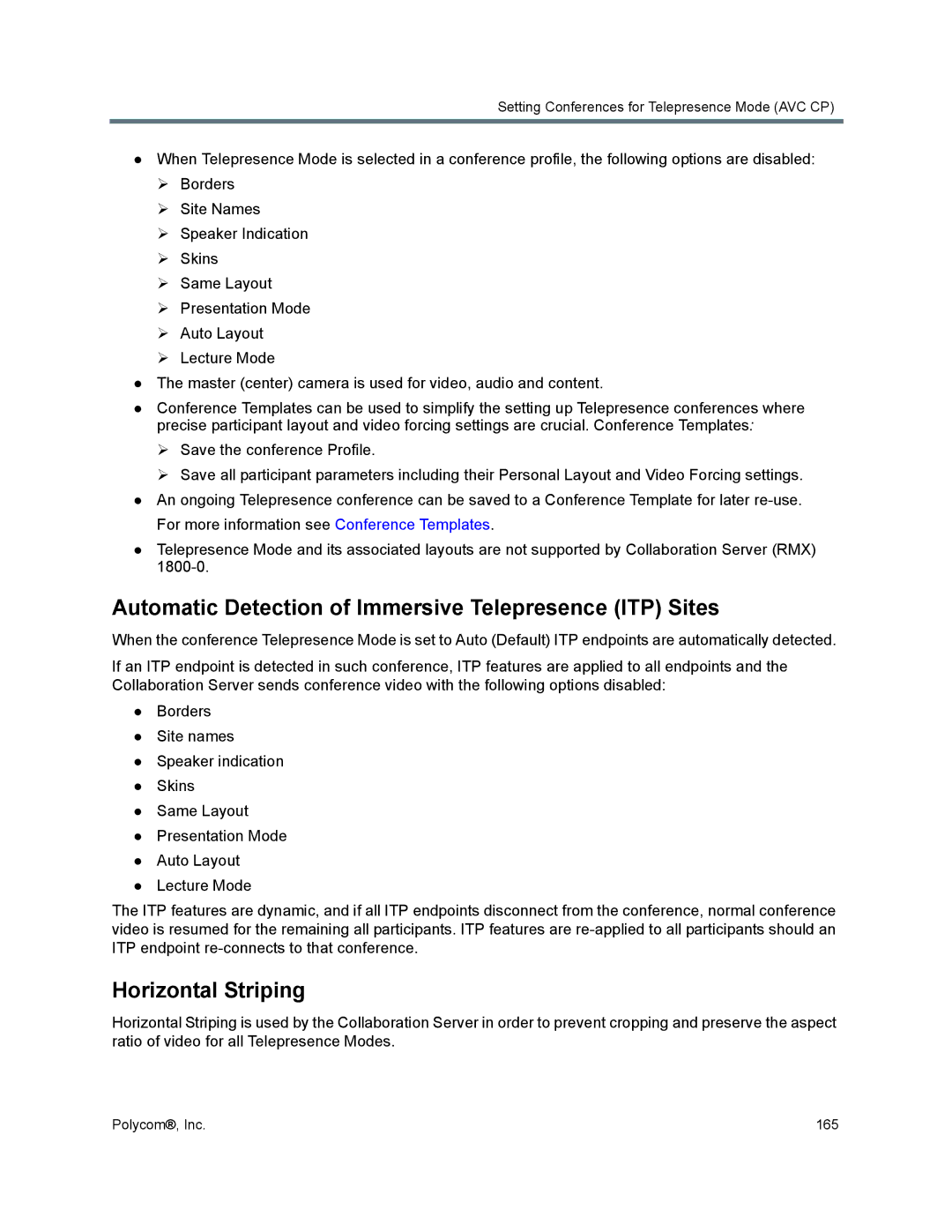 Polycom 1500/1800/2000/4000 manual Automatic Detection of Immersive Telepresence ITP Sites, Horizontal Striping 