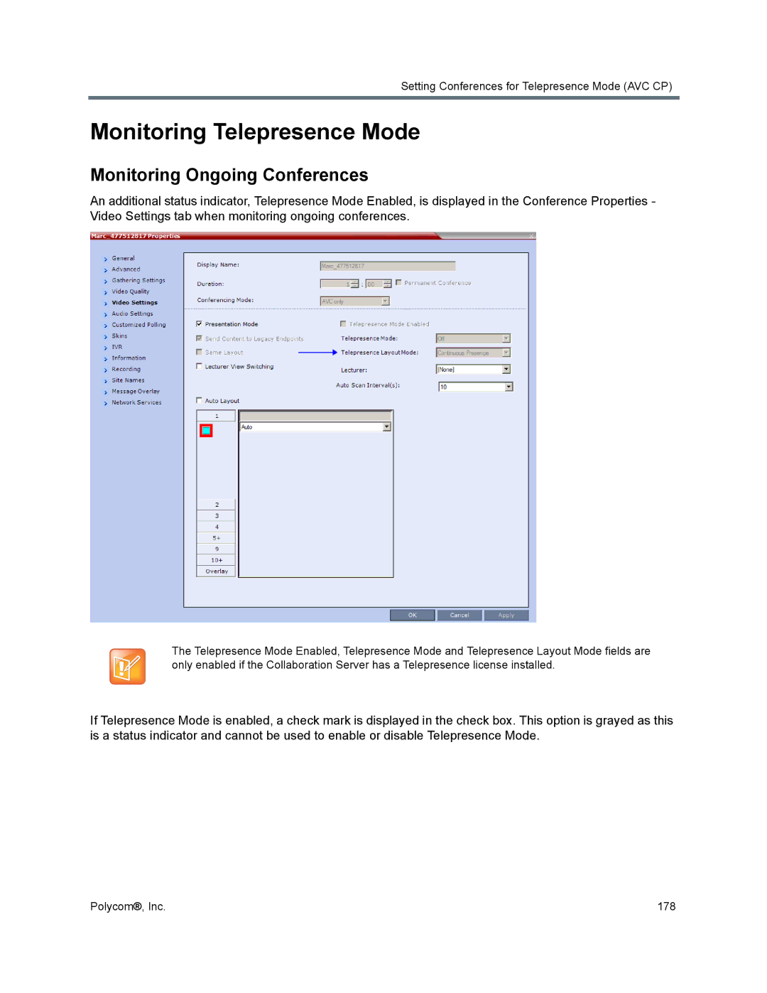 Polycom 1500/1800/2000/4000 manual Monitoring Telepresence Mode, Monitoring Ongoing Conferences 