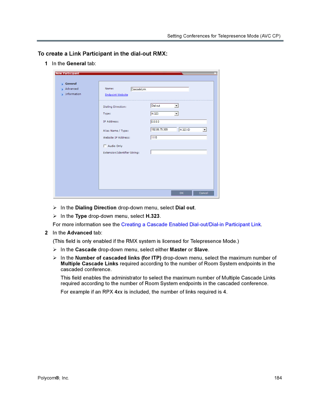 Polycom 1500/1800/2000/4000 manual To create a Link Participant in the dial-out RMX 