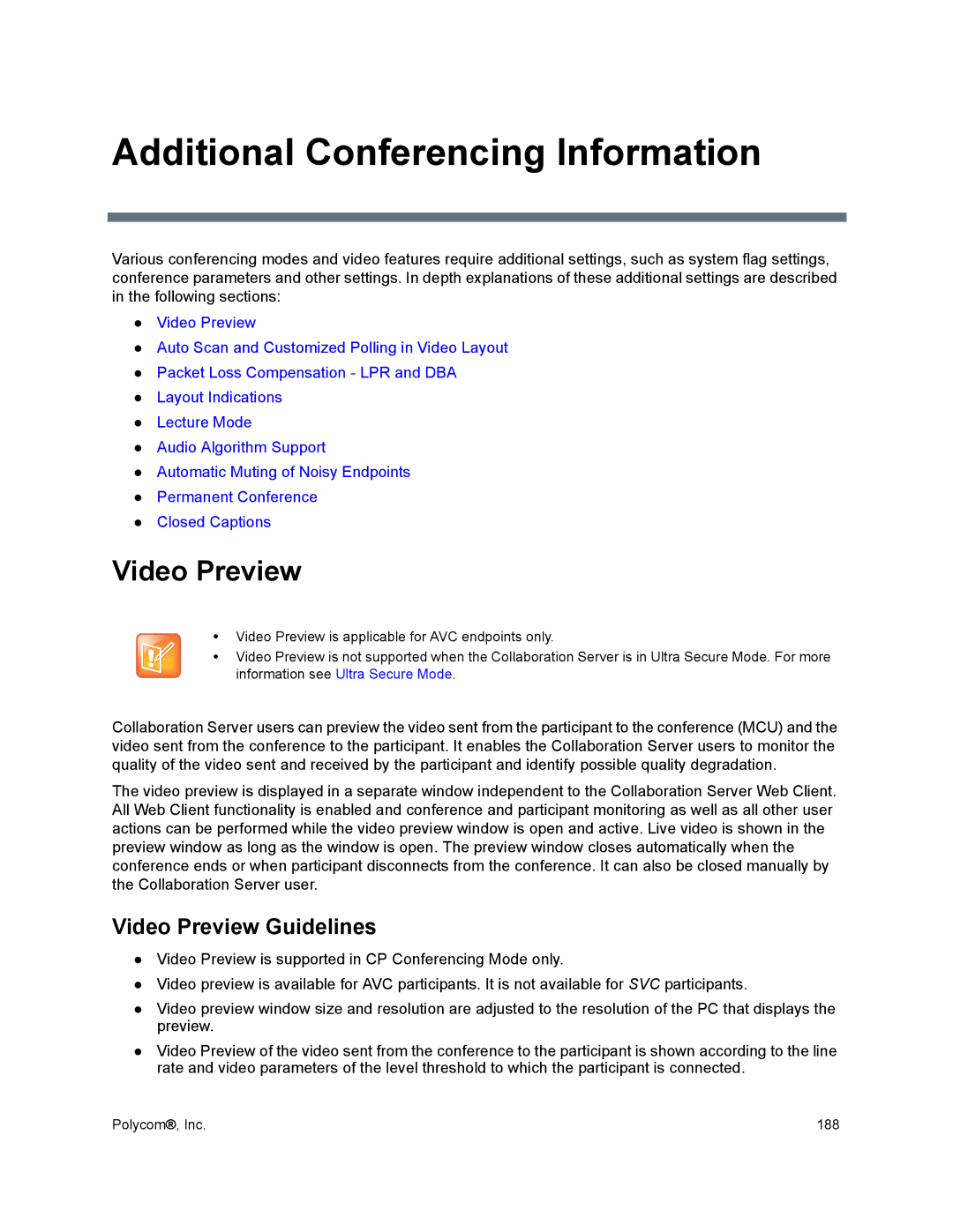 Polycom 1500/1800/2000/4000 manual Additional Conferencing Information, Video Preview Guidelines 