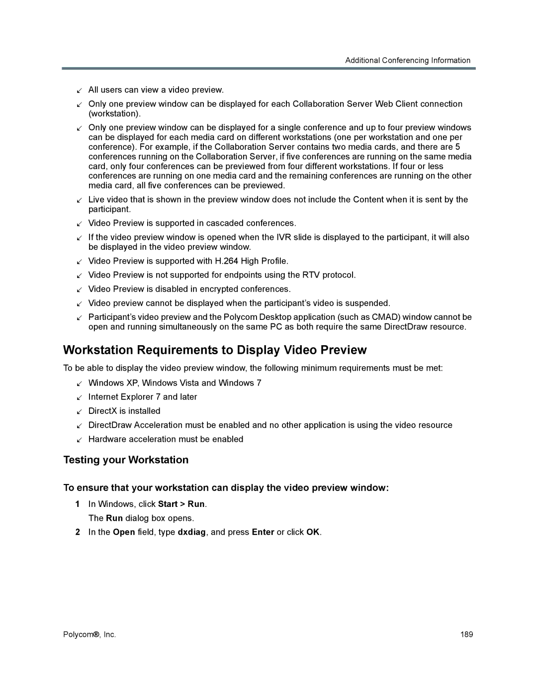 Polycom 1500/1800/2000/4000 manual Workstation Requirements to Display Video Preview, Testing your Workstation 