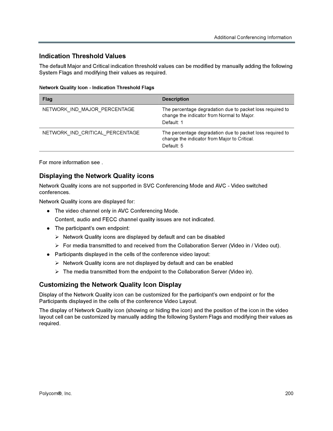 Polycom 1500/1800/2000/4000 manual Indication Threshold Values, Displaying the Network Quality icons 