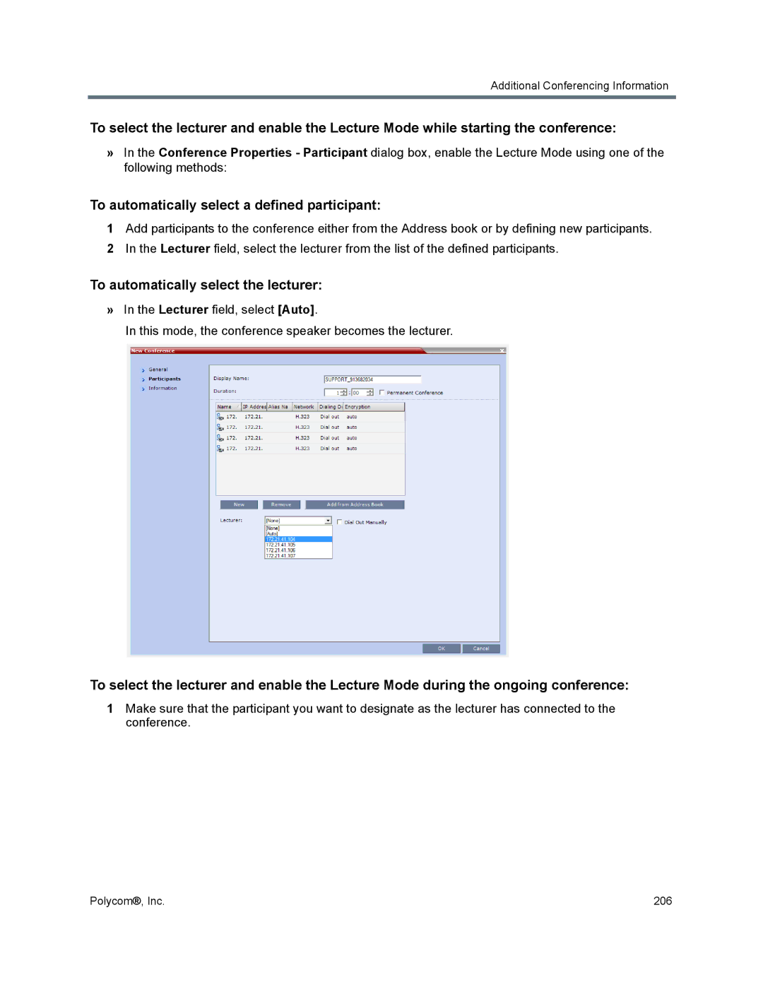 Polycom 1500/1800/2000/4000 manual To automatically select a defined participant, To automatically select the lecturer 