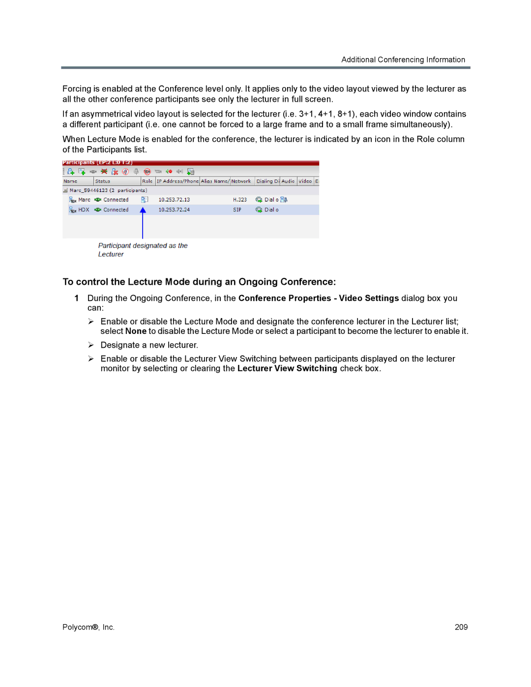 Polycom 1500/1800/2000/4000 manual To control the Lecture Mode during an Ongoing Conference 