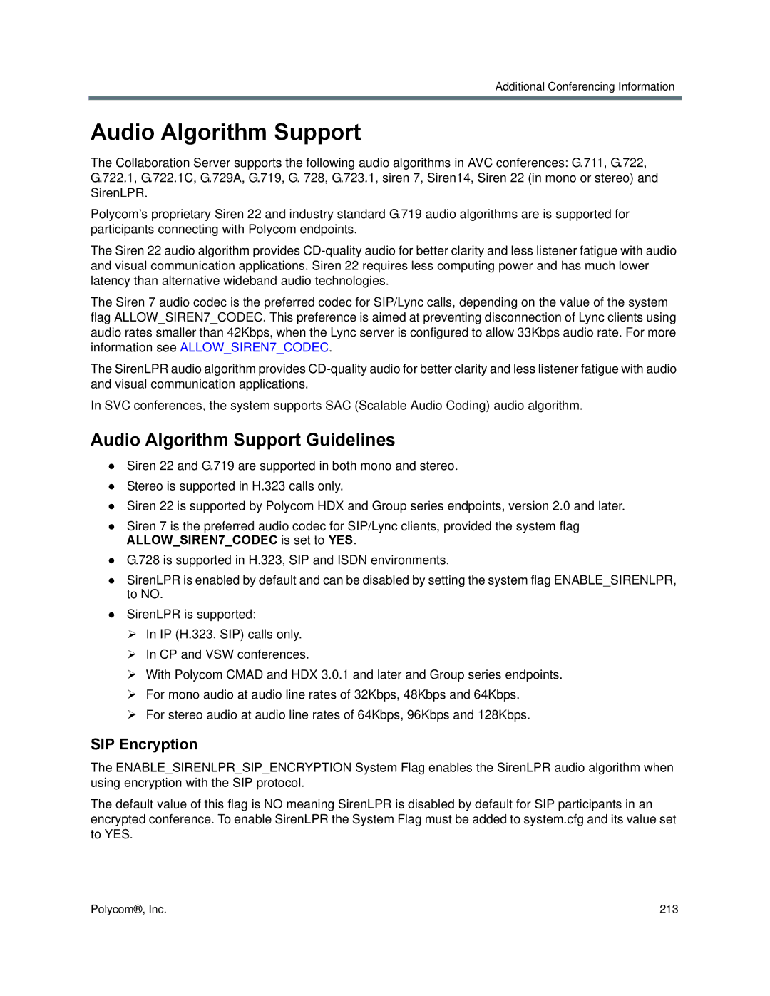 Polycom 1500/1800/2000/4000 manual Audio Algorithm Support Guidelines, SIP Encryption 