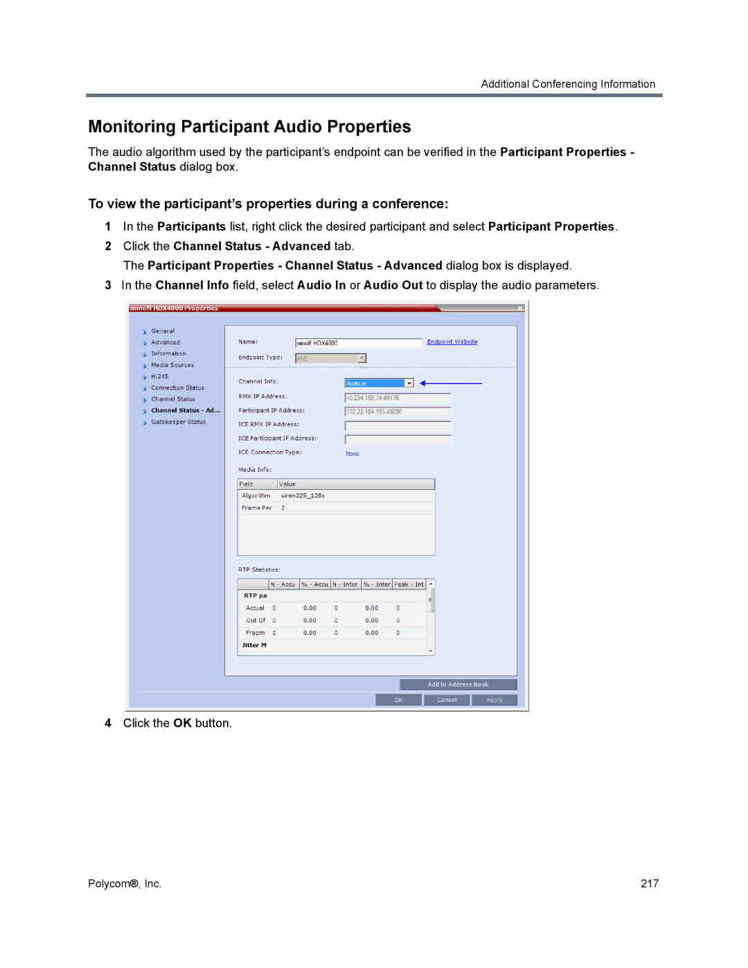 Polycom 1500/1800/2000/4000 manual Monitoring Participant Audio Properties 