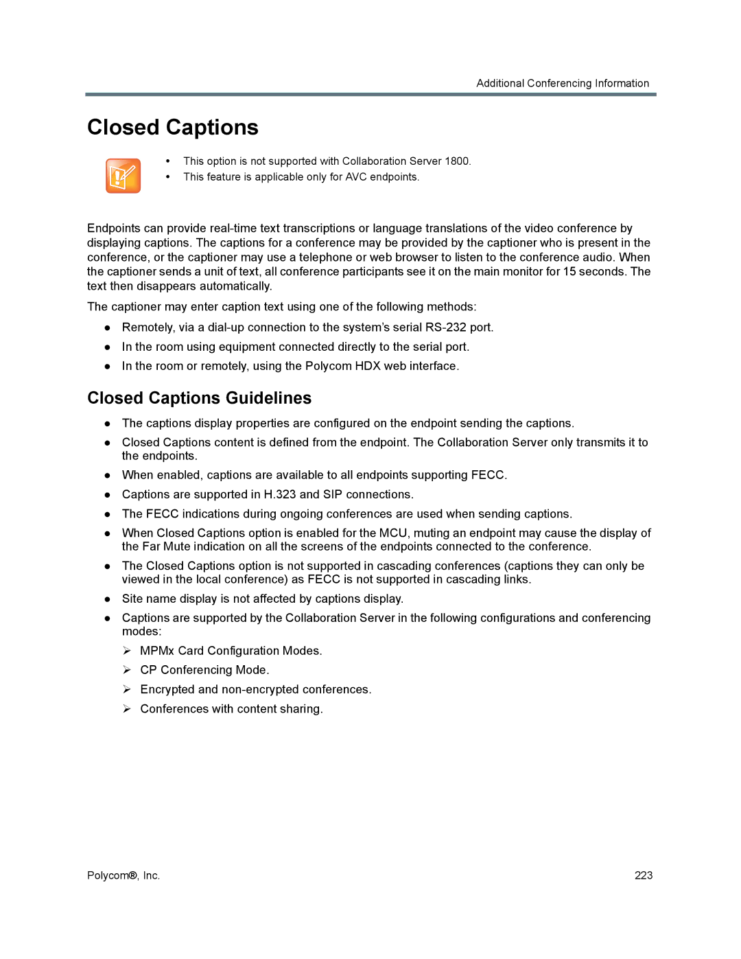 Polycom 1500/1800/2000/4000 manual Closed Captions Guidelines 