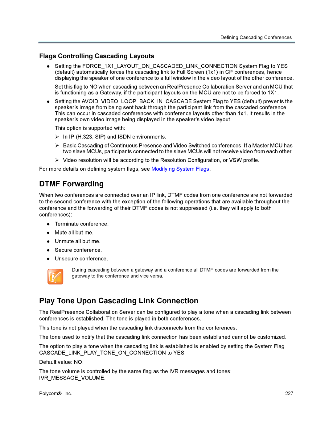 Polycom 1500/1800/2000/4000 Dtmf Forwarding, Play Tone Upon Cascading Link Connection, Flags Controlling Cascading Layouts 