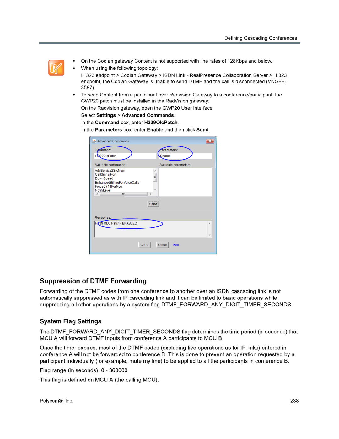 Polycom 1500/1800/2000/4000 manual Suppression of Dtmf Forwarding, System Flag Settings, Command box, enter H239OlcPatch 