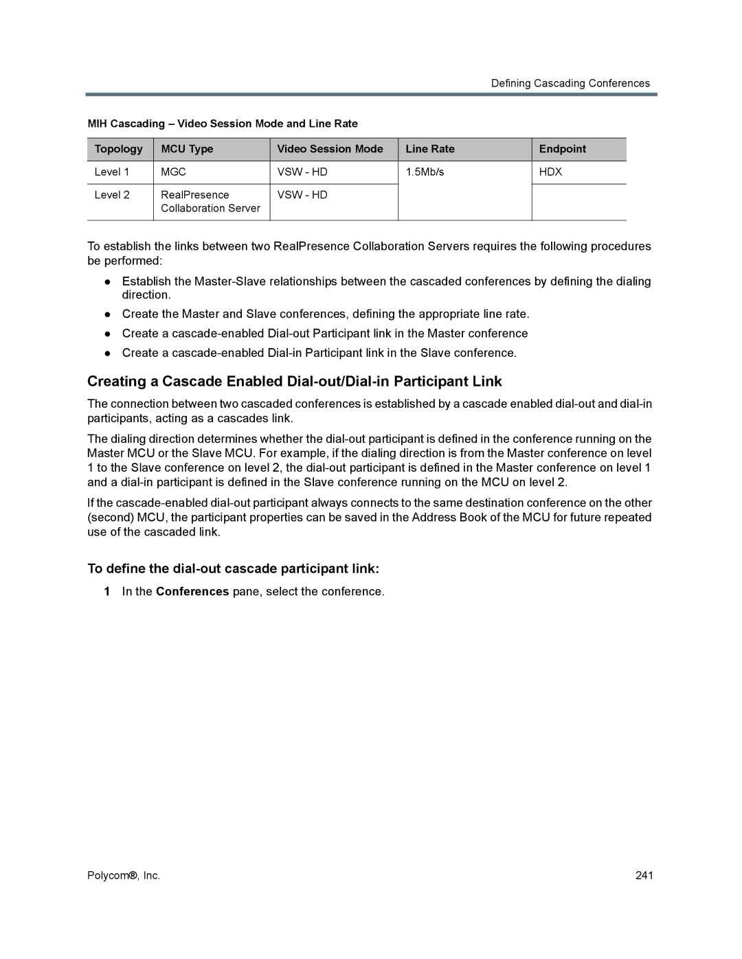 Polycom 1500/1800/2000/4000 manual To define the dial-out cascade participant link, Conferences pane, select the conference 