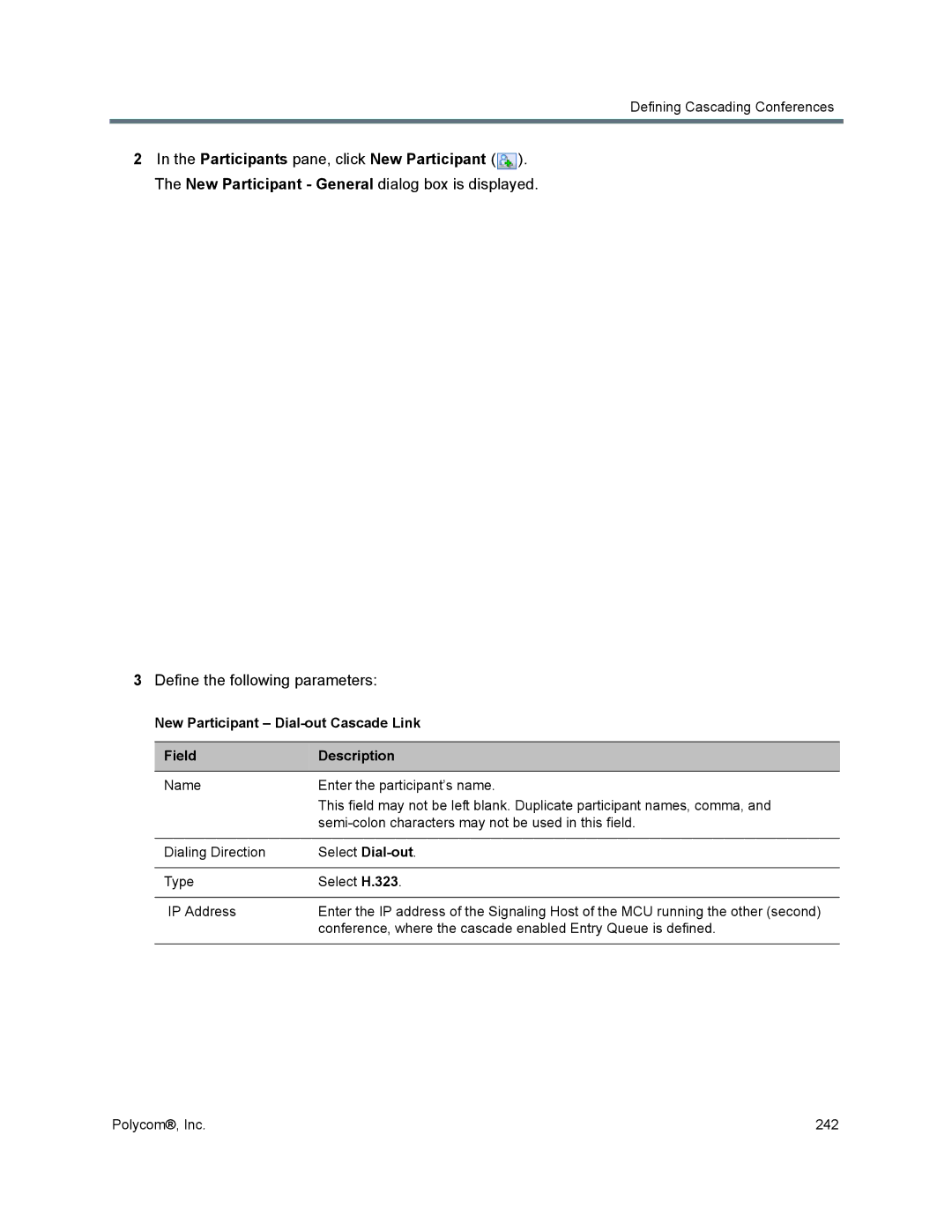 Polycom 1500/1800/2000/4000 manual Define the following parameters, New Participant Dial-out Cascade Link Field Description 