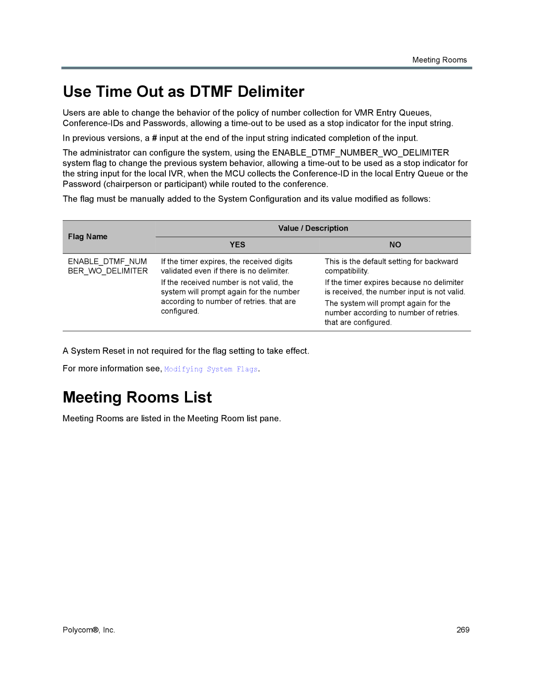 Polycom 1500/1800/2000/4000 manual Use Time Out as Dtmf Delimiter, Meeting Rooms List, Value / Description Flag Name 