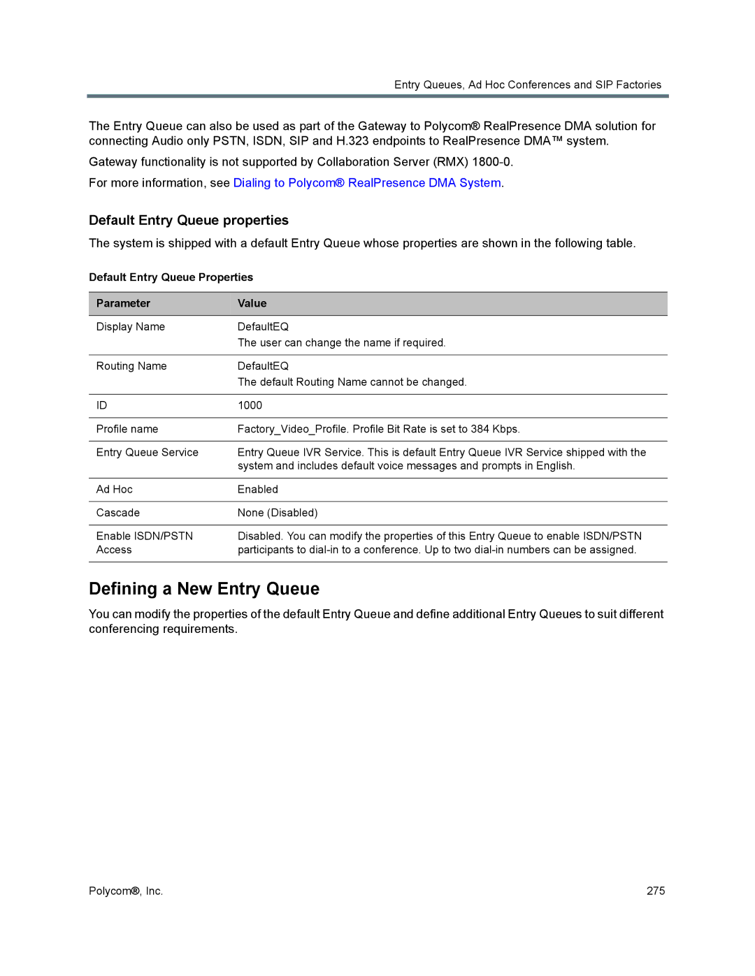 Polycom 1500/1800/2000/4000 manual Defining a New Entry Queue, Default Entry Queue properties 