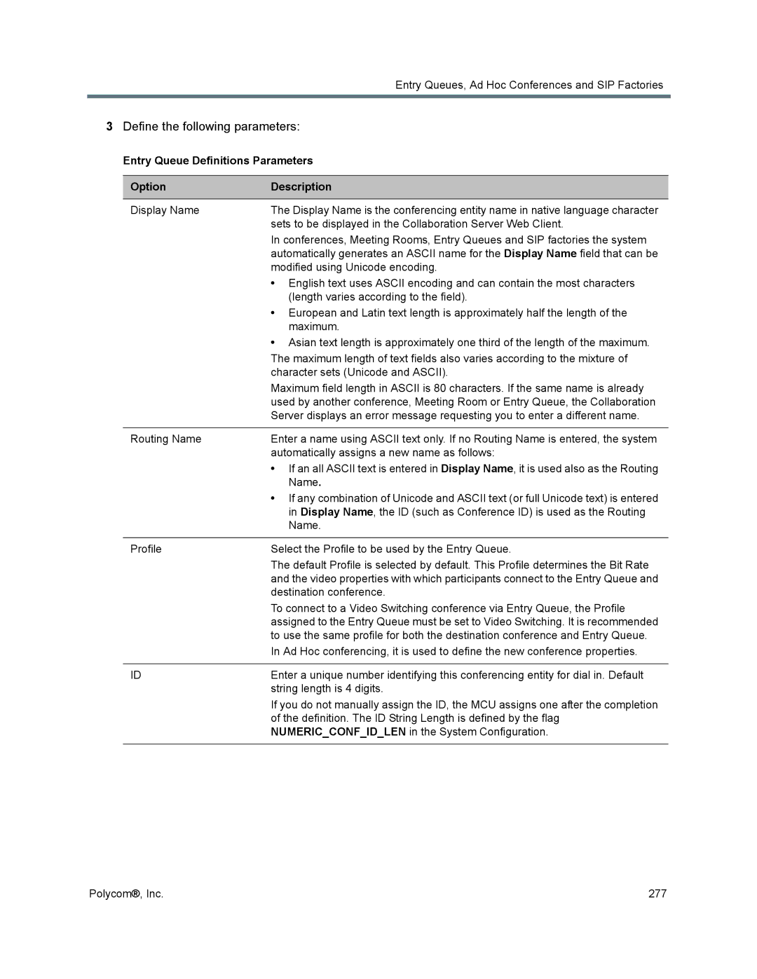 Polycom 1500/1800/2000/4000 manual Define the following parameters, Entry Queue Definitions Parameters Option Description 