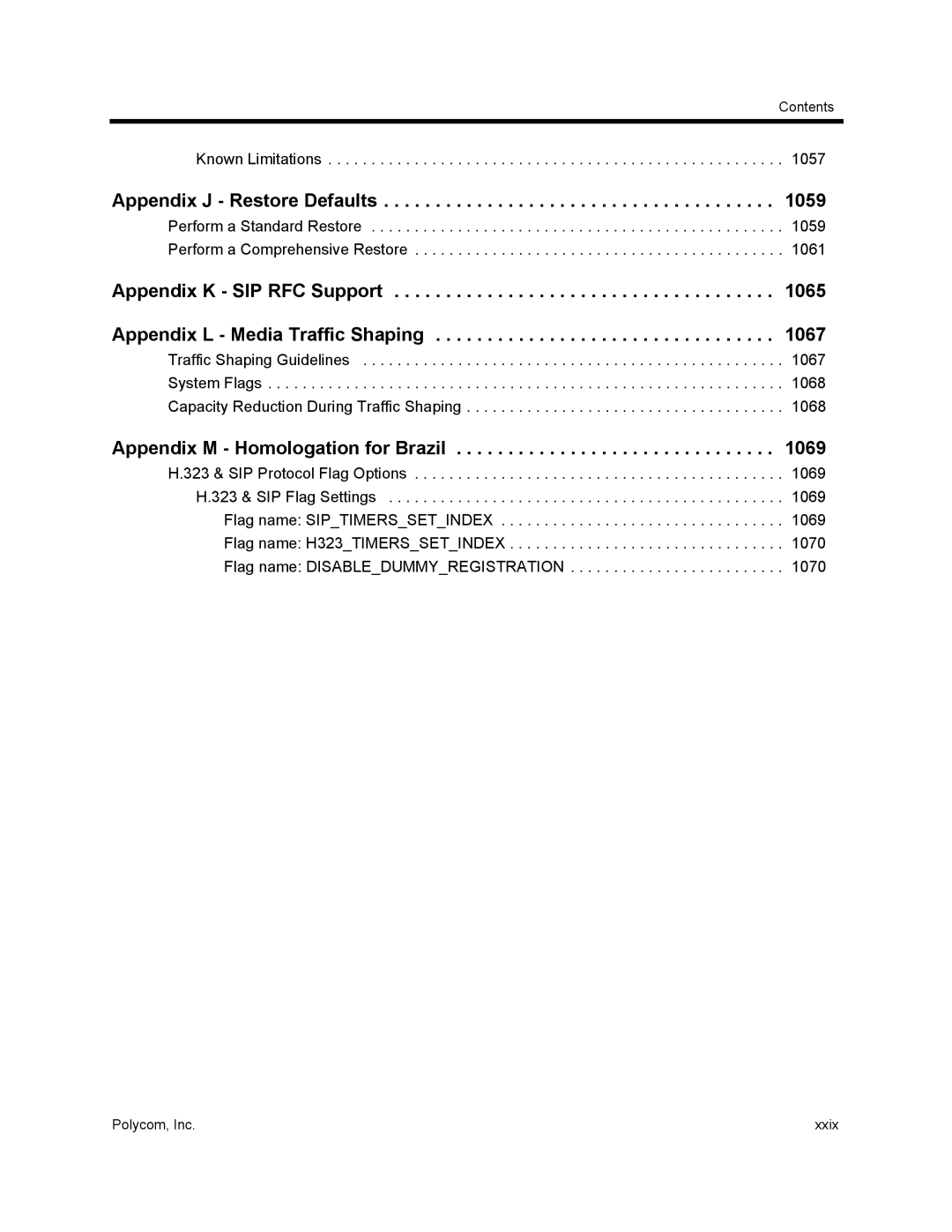 Polycom 1500/1800/2000/4000 manual Appendix J Restore Defaults, Appendix K SIP RFC Support Appendix L Media Traffic Shaping 