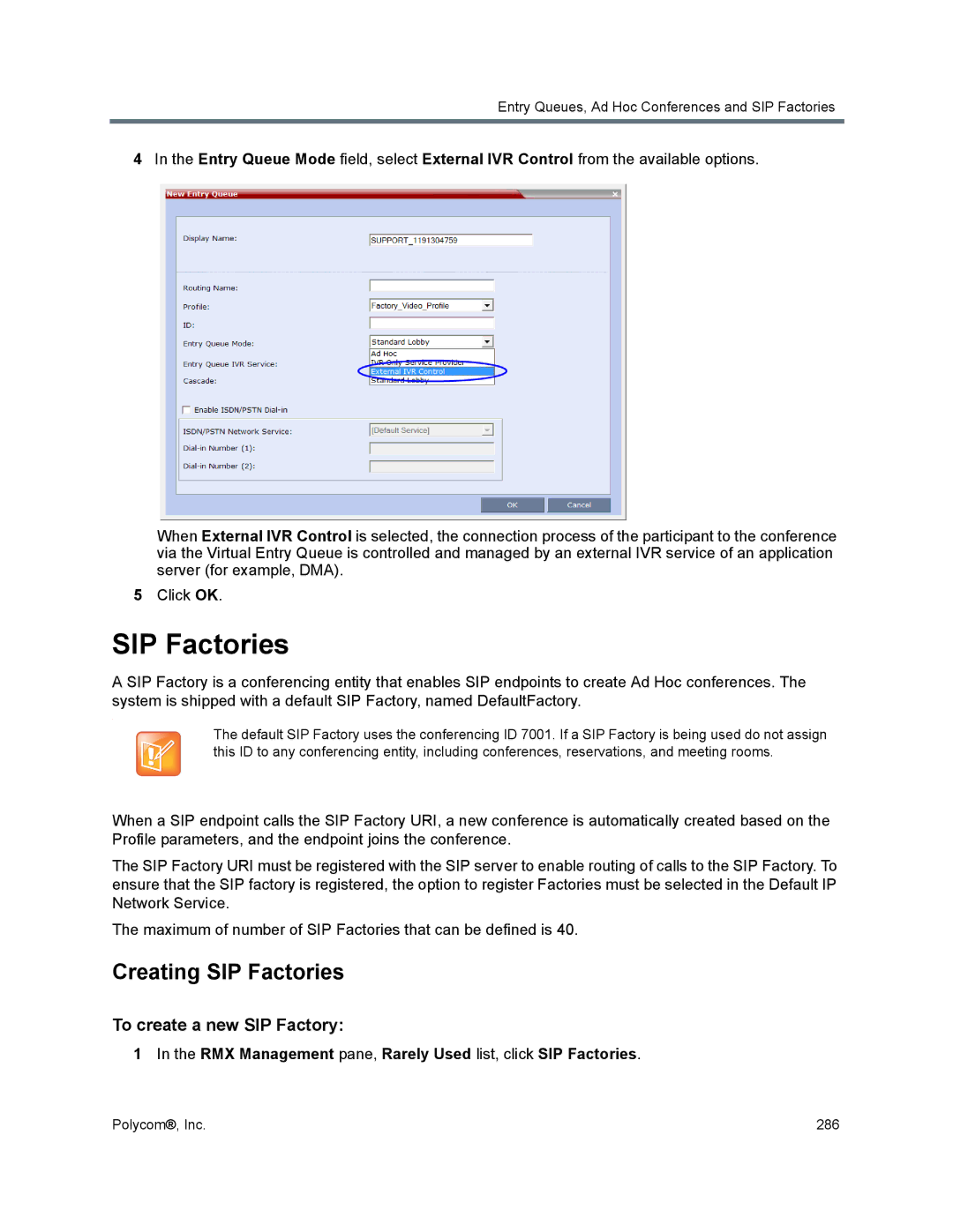 Polycom 1500/1800/2000/4000 manual Creating SIP Factories, To create a new SIP Factory 