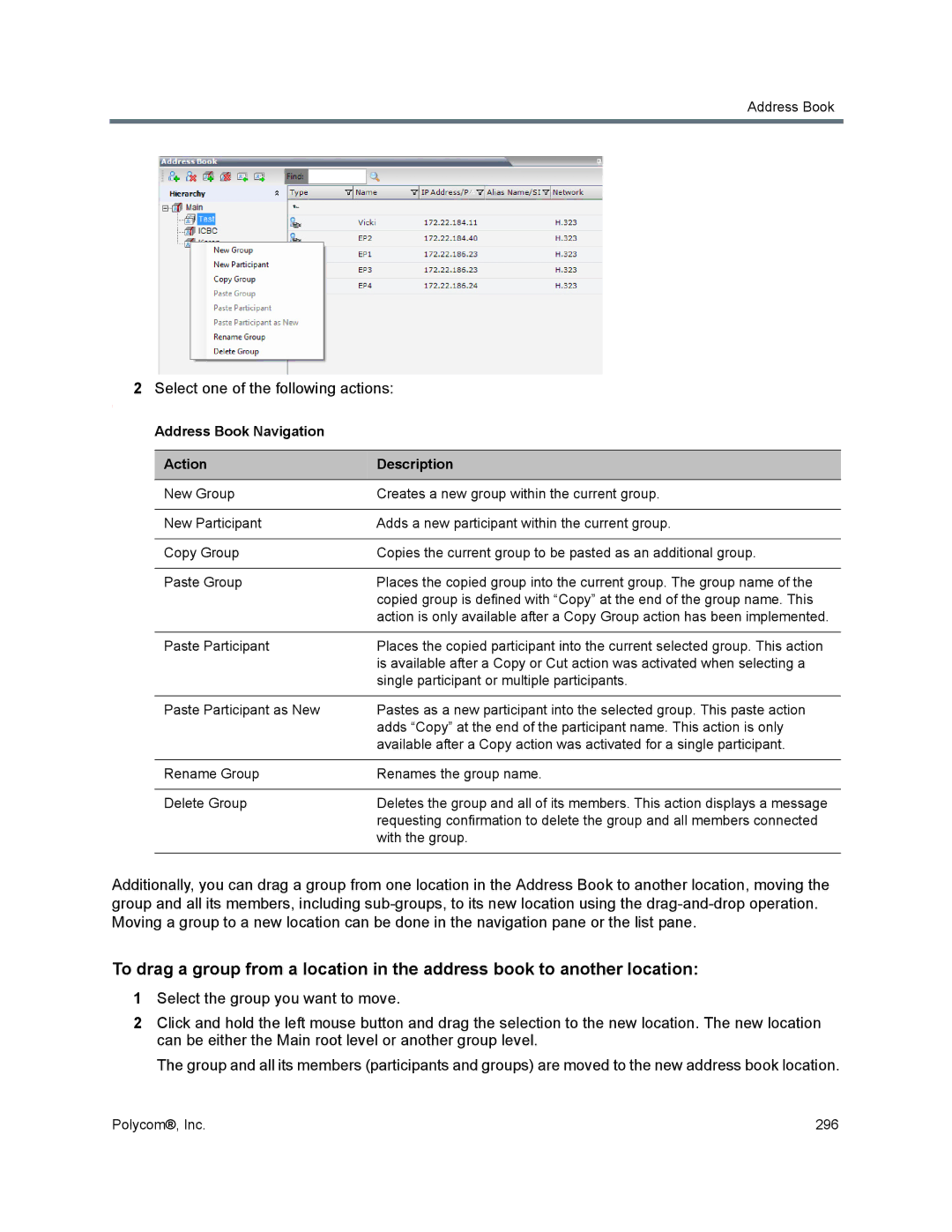 Polycom 1500/1800/2000/4000 manual Select one of the following actions, Address Book Navigation Action Description 