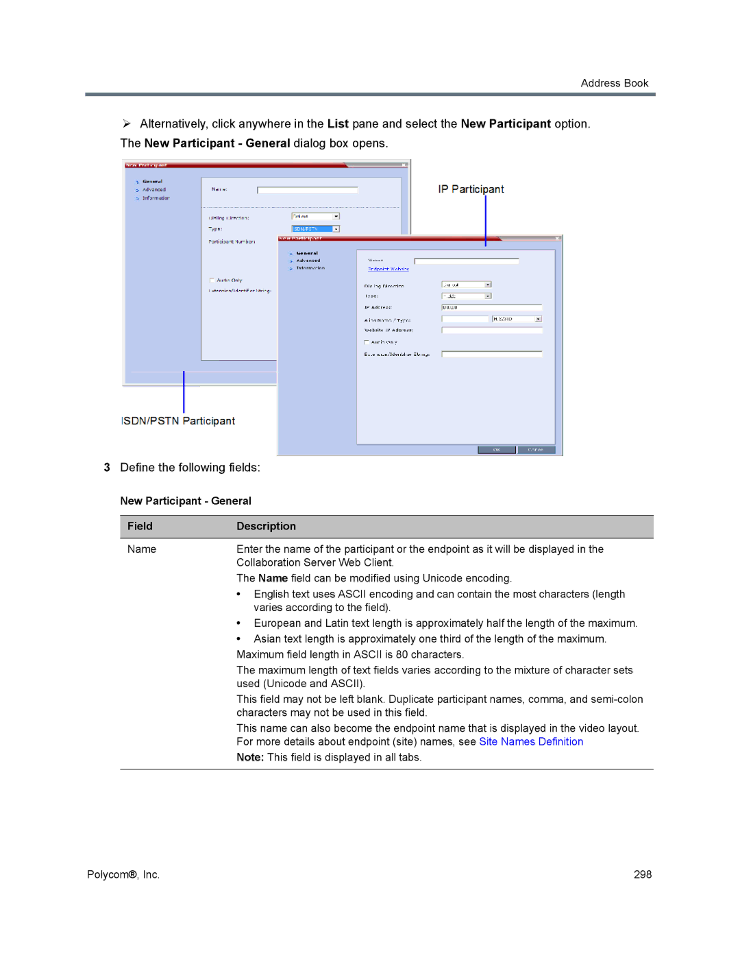 Polycom 1500/1800/2000/4000 manual New Participant General Field Description 