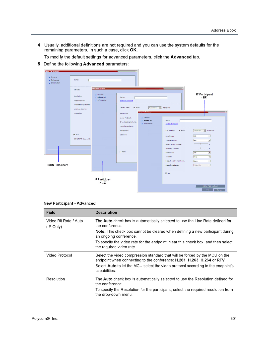 Polycom 1500/1800/2000/4000 manual New Participant Advanced Field Description 