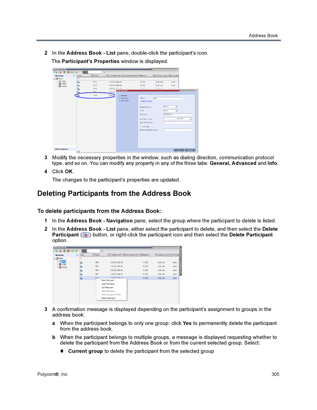 Polycom 1500/1800/2000/4000 Deleting Participants from the Address Book, To delete participants from the Address Book 