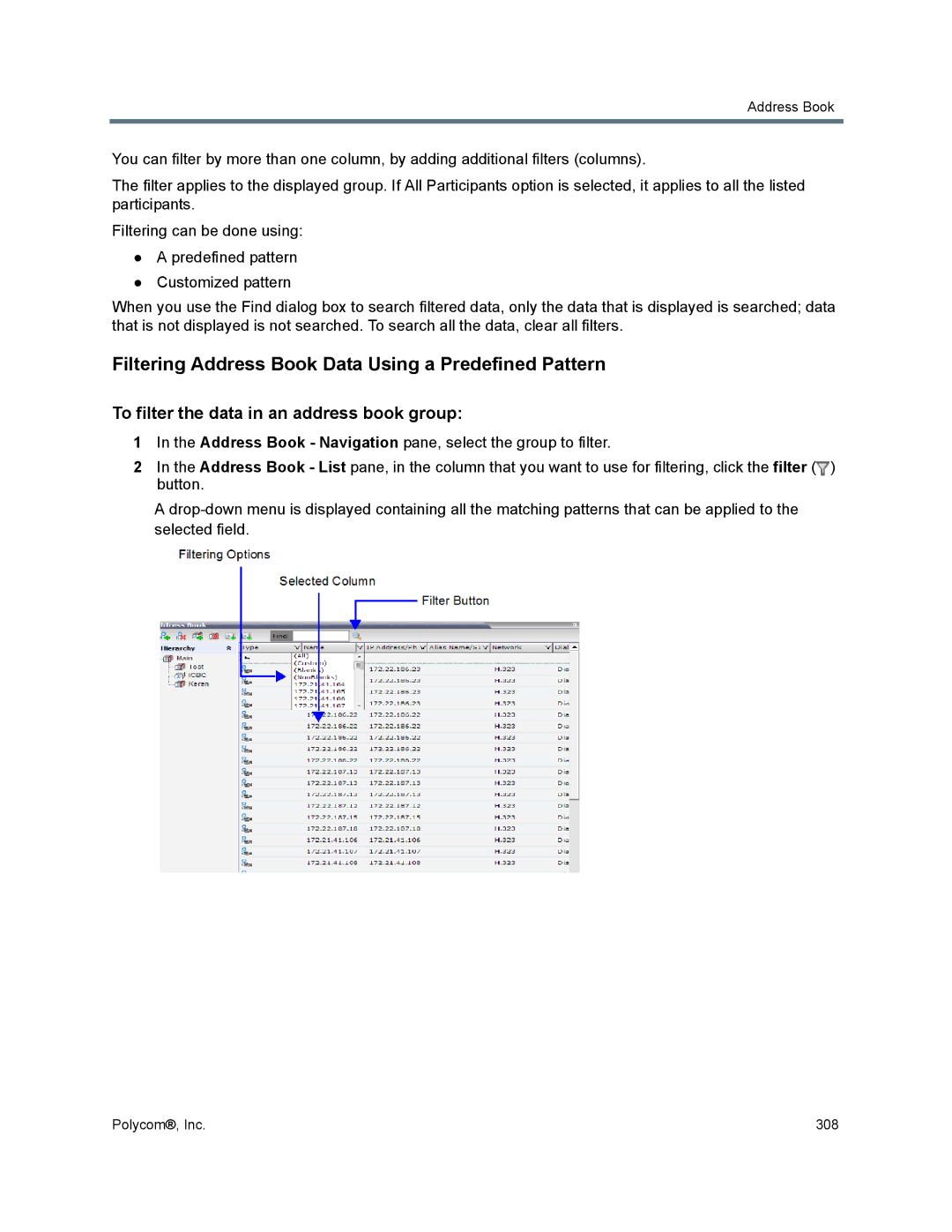 Polycom 1500/1800/2000/4000 manual Filtering Address Book Data Using a Predefined Pattern 