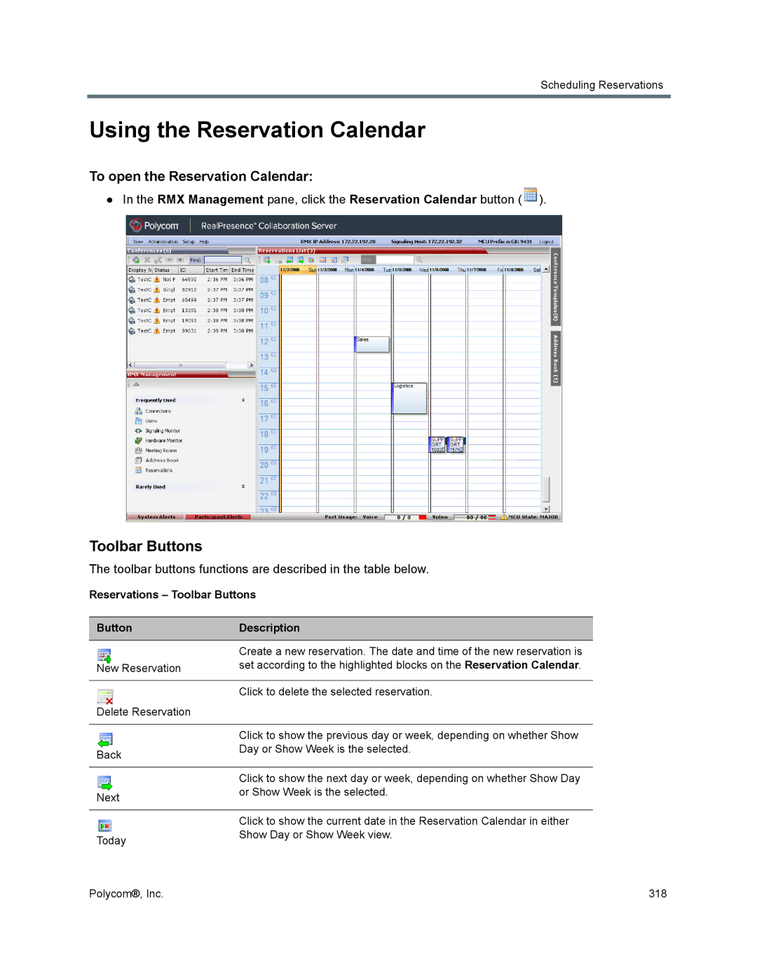 Polycom 1500/1800/2000/4000 manual Using the Reservation Calendar, Toolbar Buttons, To open the Reservation Calendar 