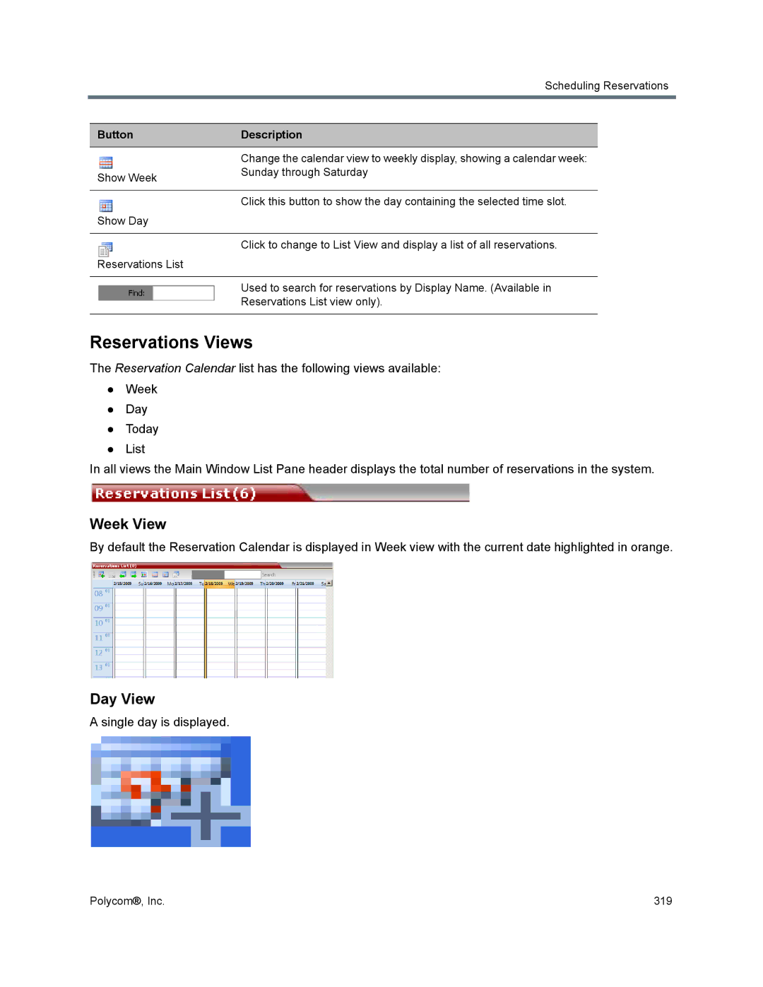 Polycom 1500/1800/2000/4000 manual Reservations Views, Week View, Day View, Single day is displayed, Button Description 