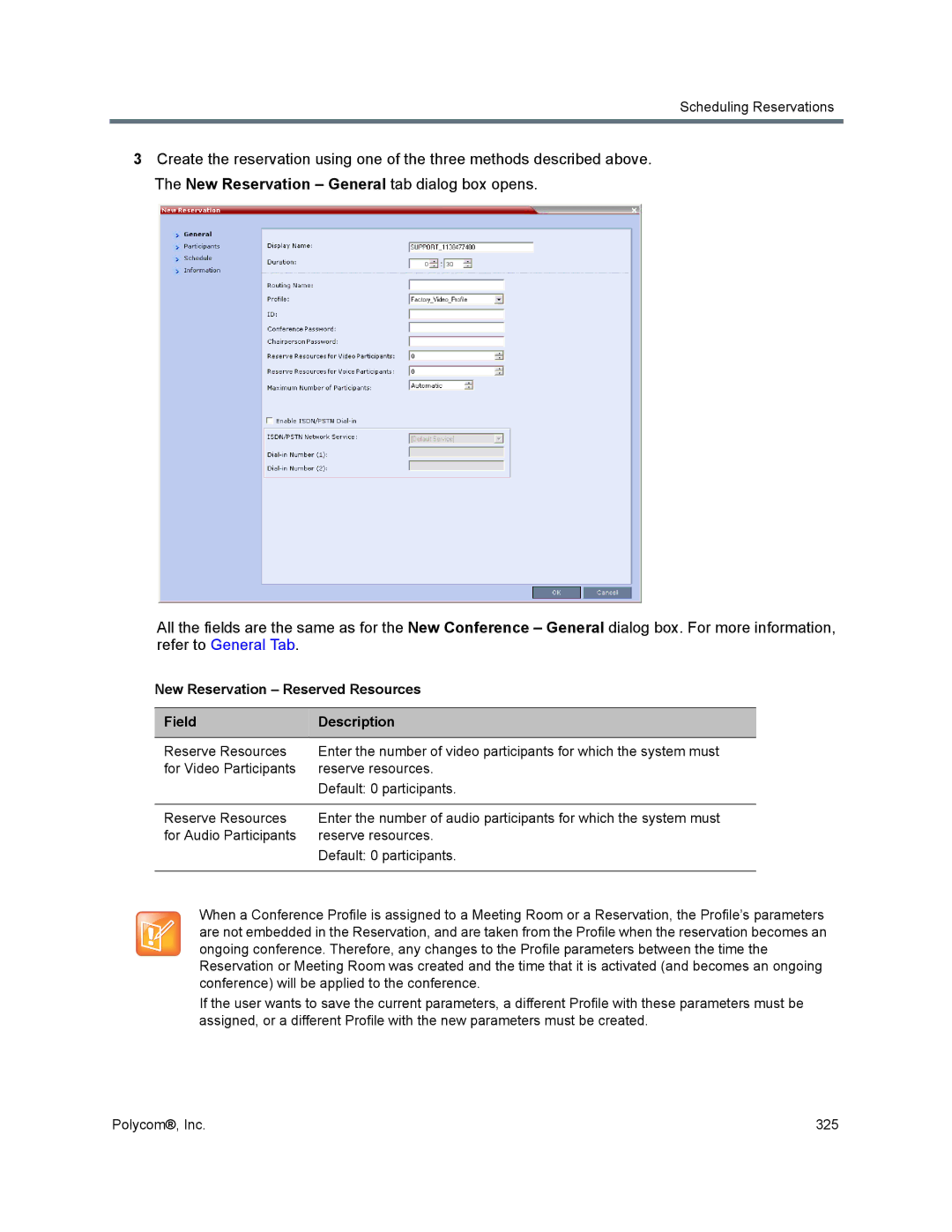 Polycom 1500/1800/2000/4000 manual New Reservation Reserved Resources Field Description 