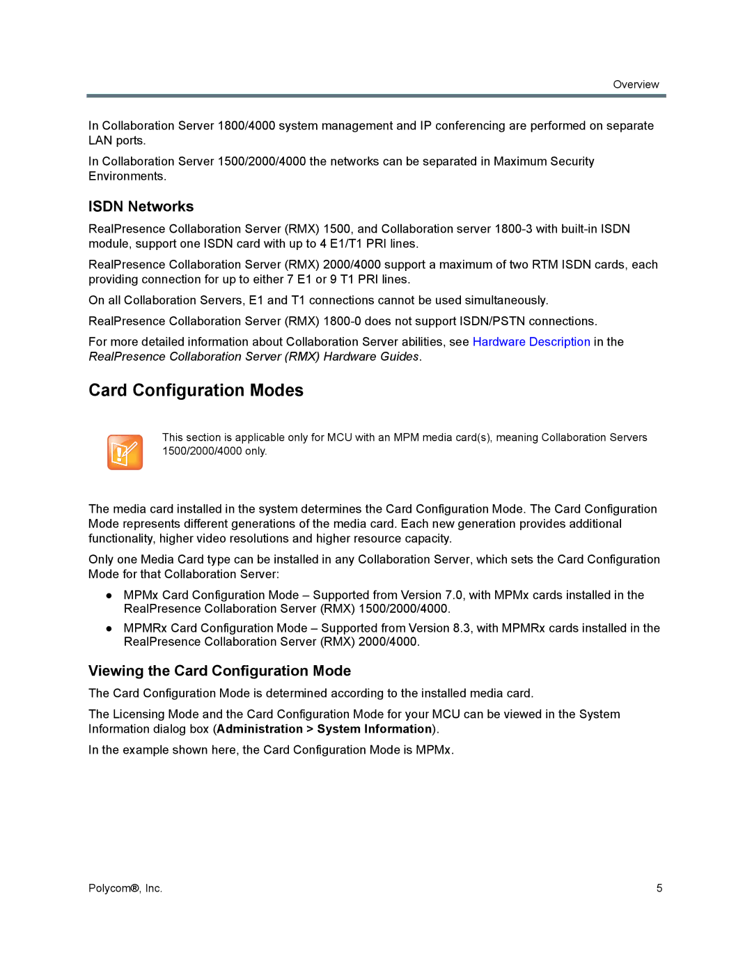 Polycom 1500/1800/2000/4000 manual Card Configuration Modes, Isdn Networks, Viewing the Card Configuration Mode 