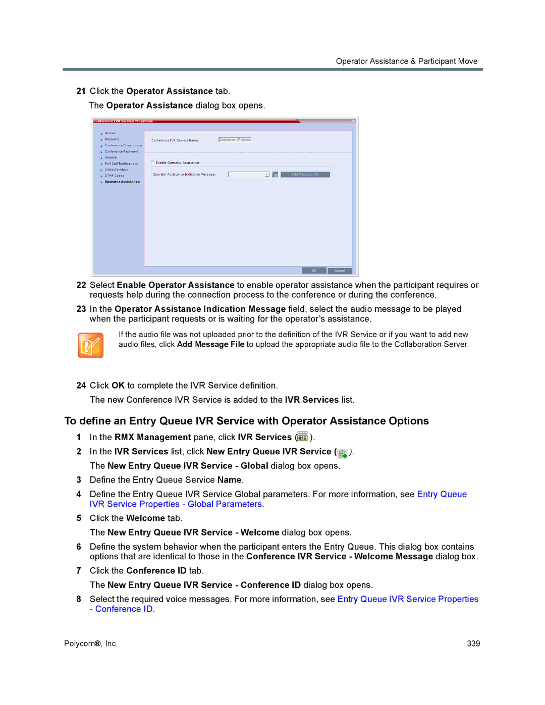 Polycom 1500/1800/2000/4000 manual Click the Operator Assistance tab, New Entry Queue IVR Service Welcome dialog box opens 