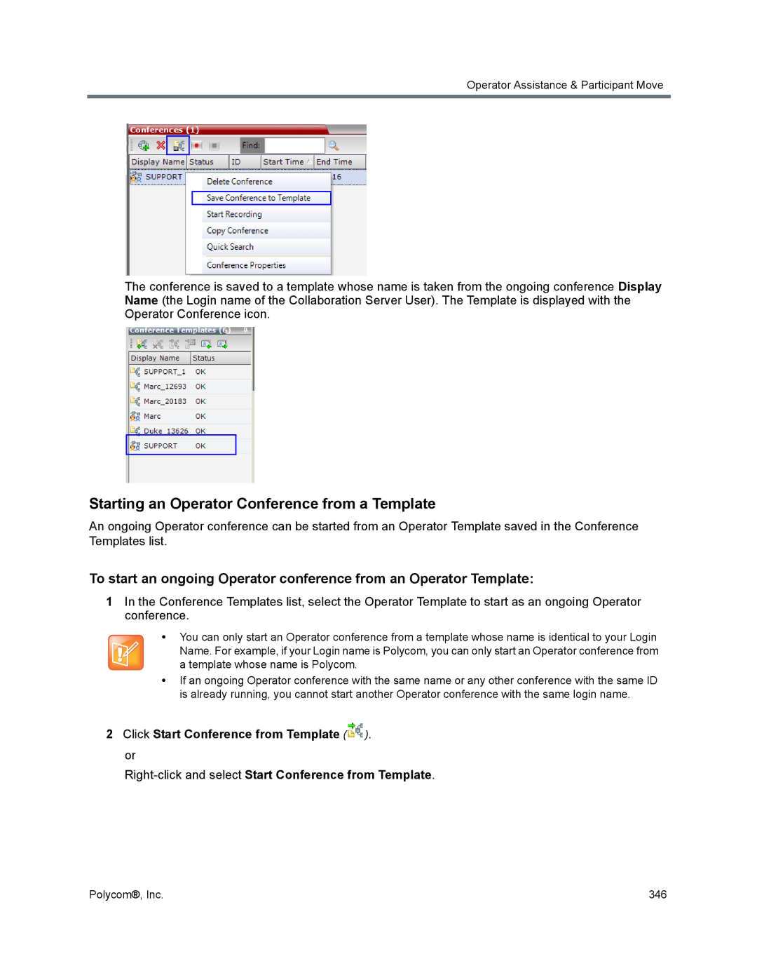 Polycom 1500/1800/2000/4000 manual Starting an Operator Conference from a Template 