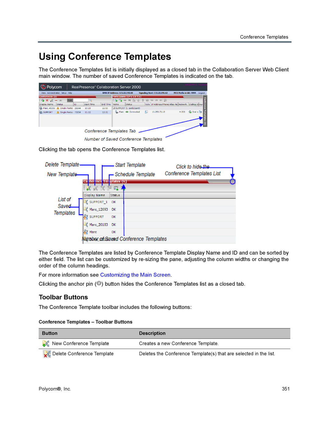 Polycom 1500/1800/2000/4000 manual Using Conference Templates, Conference Template toolbar includes the following buttons 