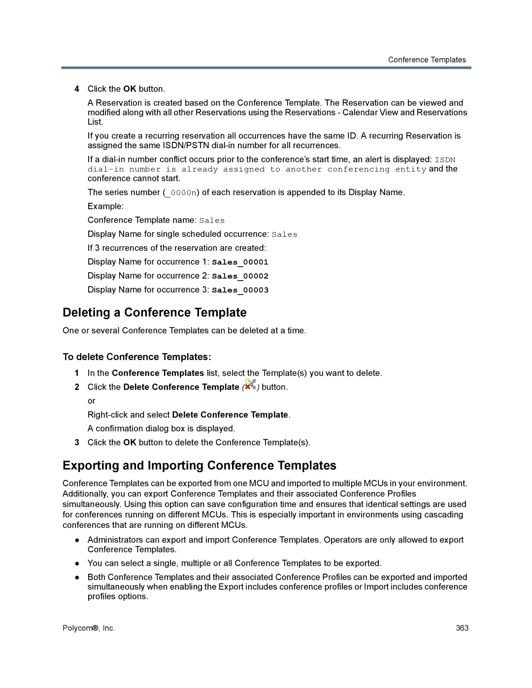 Polycom 1500/1800/2000/4000 manual Deleting a Conference Template, Exporting and Importing Conference Templates 