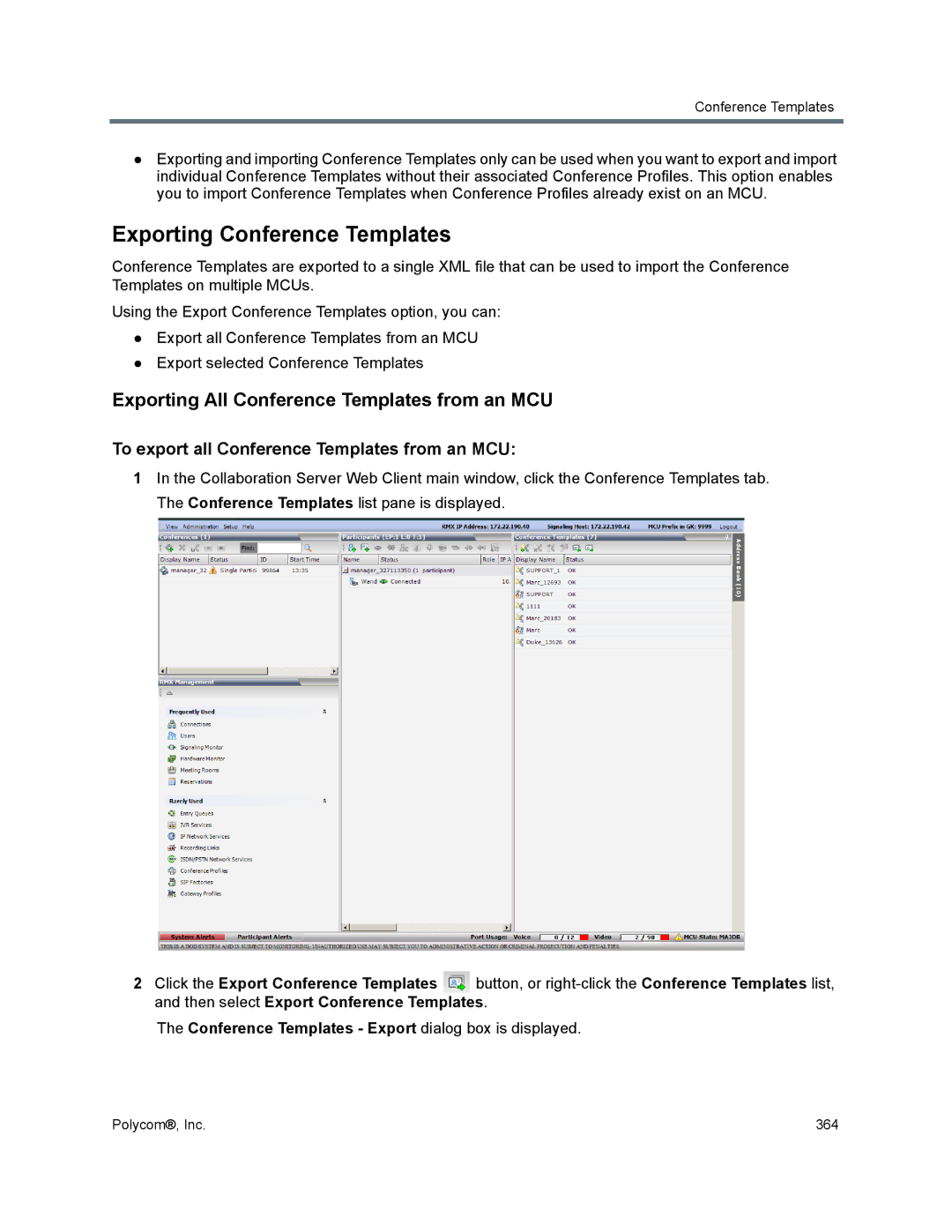 Polycom 1500/1800/2000/4000 manual Exporting Conference Templates, Exporting All Conference Templates from an MCU 