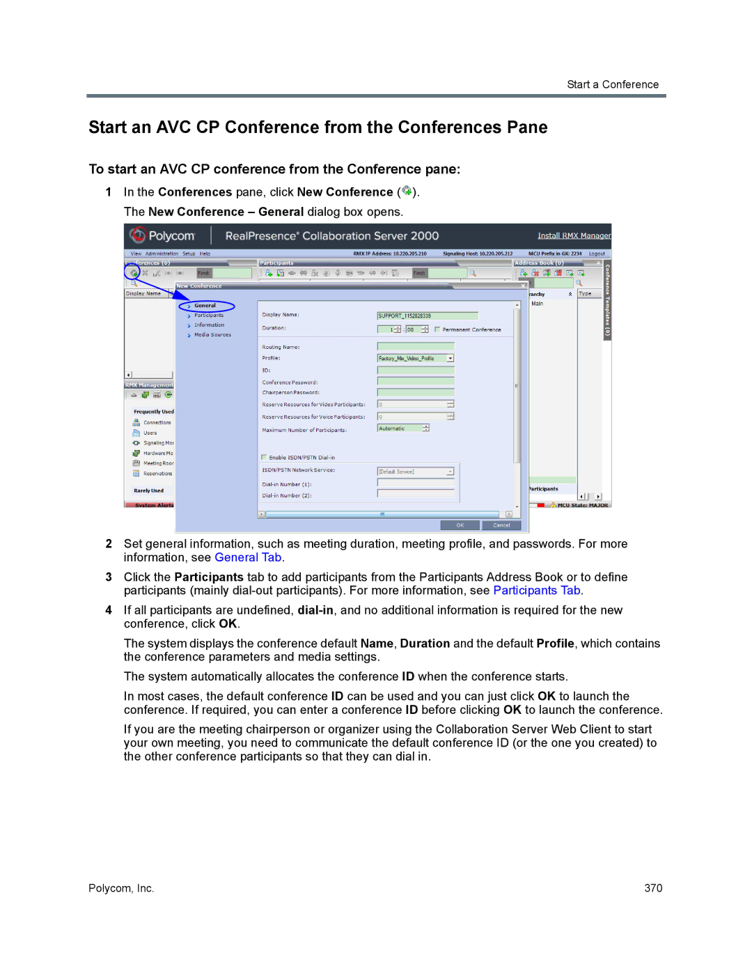 Polycom 1500/1800/2000/4000 manual Start an AVC CP Conference from the Conferences Pane 