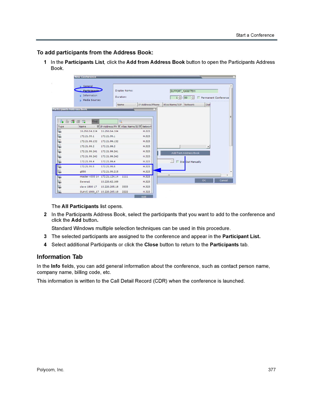 Polycom 1500/1800/2000/4000 manual Information Tab, To add participants from the Address Book, All Participants list opens 