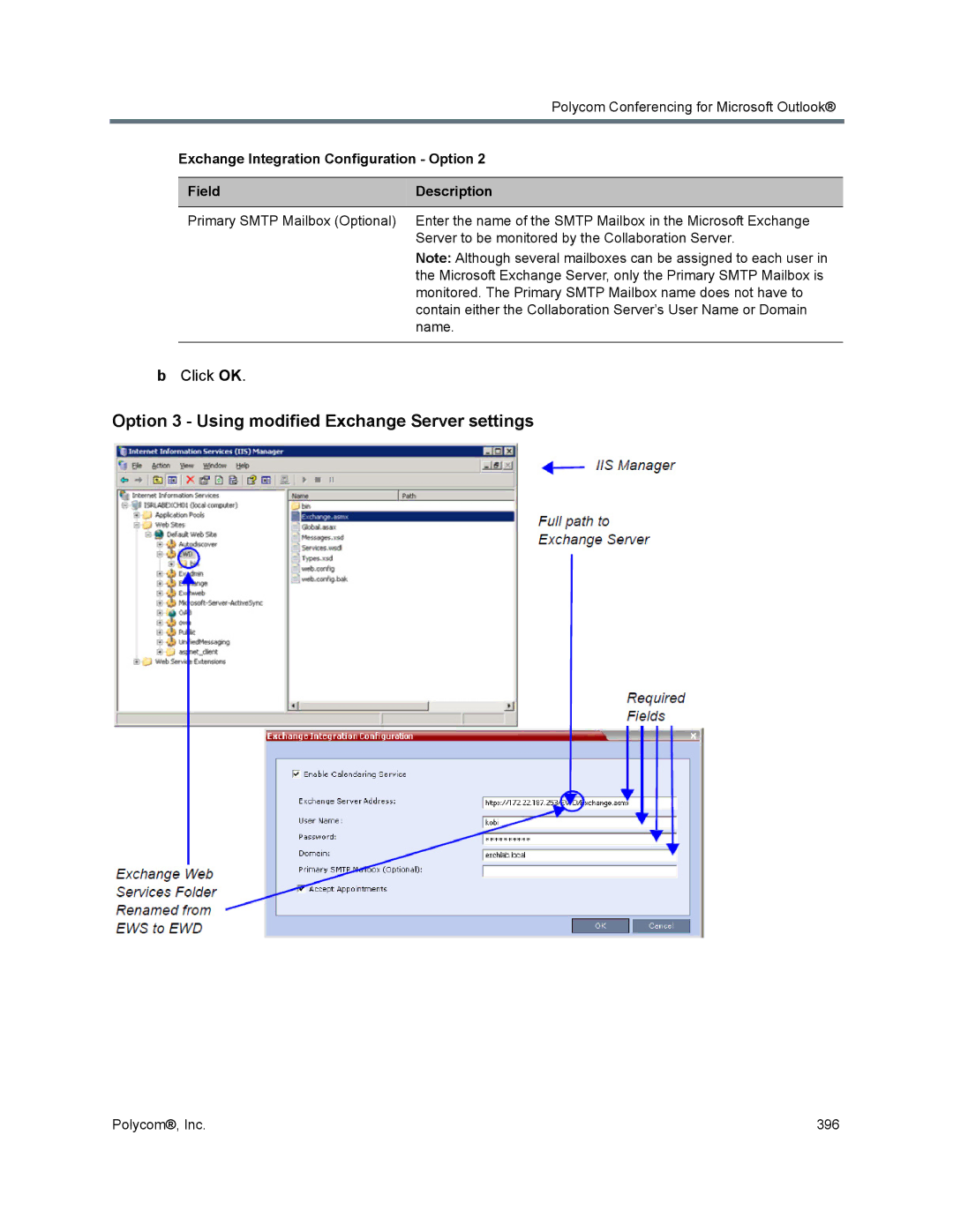 Polycom 1500/1800/2000/4000 Option 3 Using modified Exchange Server settings, Exchange Integration Configuration Option 