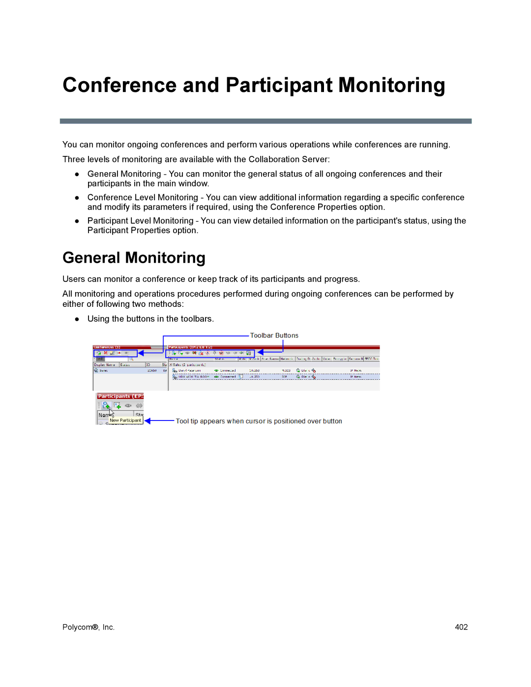 Polycom 1500/1800/2000/4000 manual Conference and Participant Monitoring, General Monitoring 