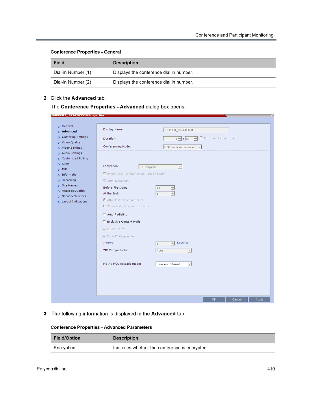 Polycom 1500/1800/2000/4000 manual Conference Properties Advanced dialog box opens 