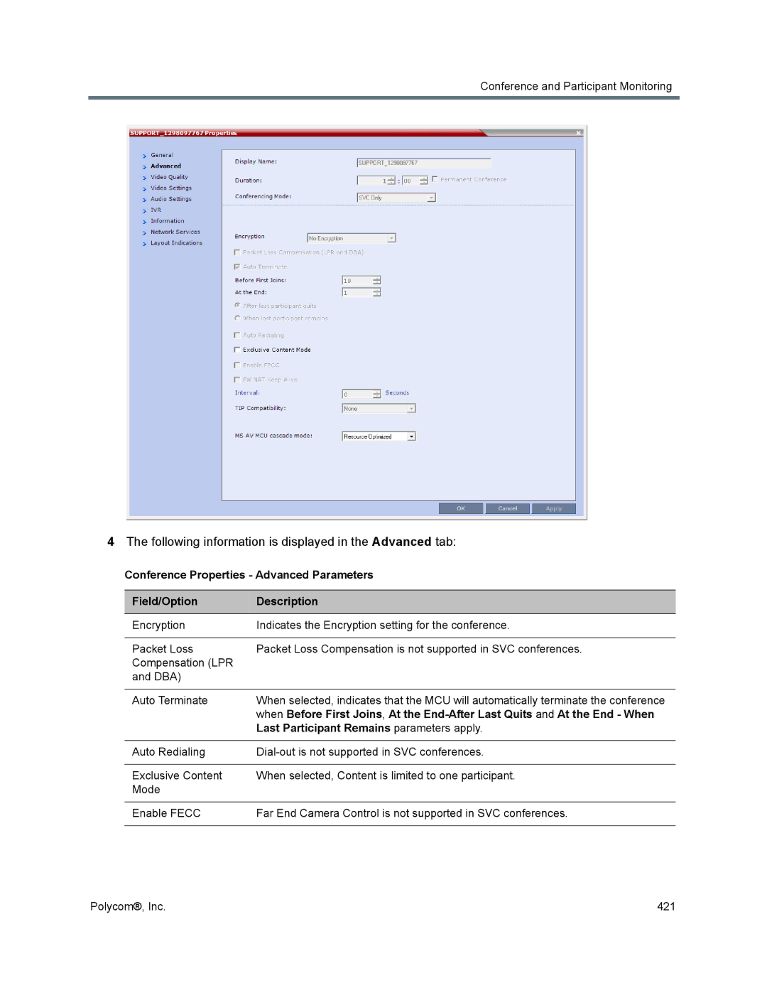 Polycom 1500/1800/2000/4000 manual Following information is displayed in the Advanced tab 