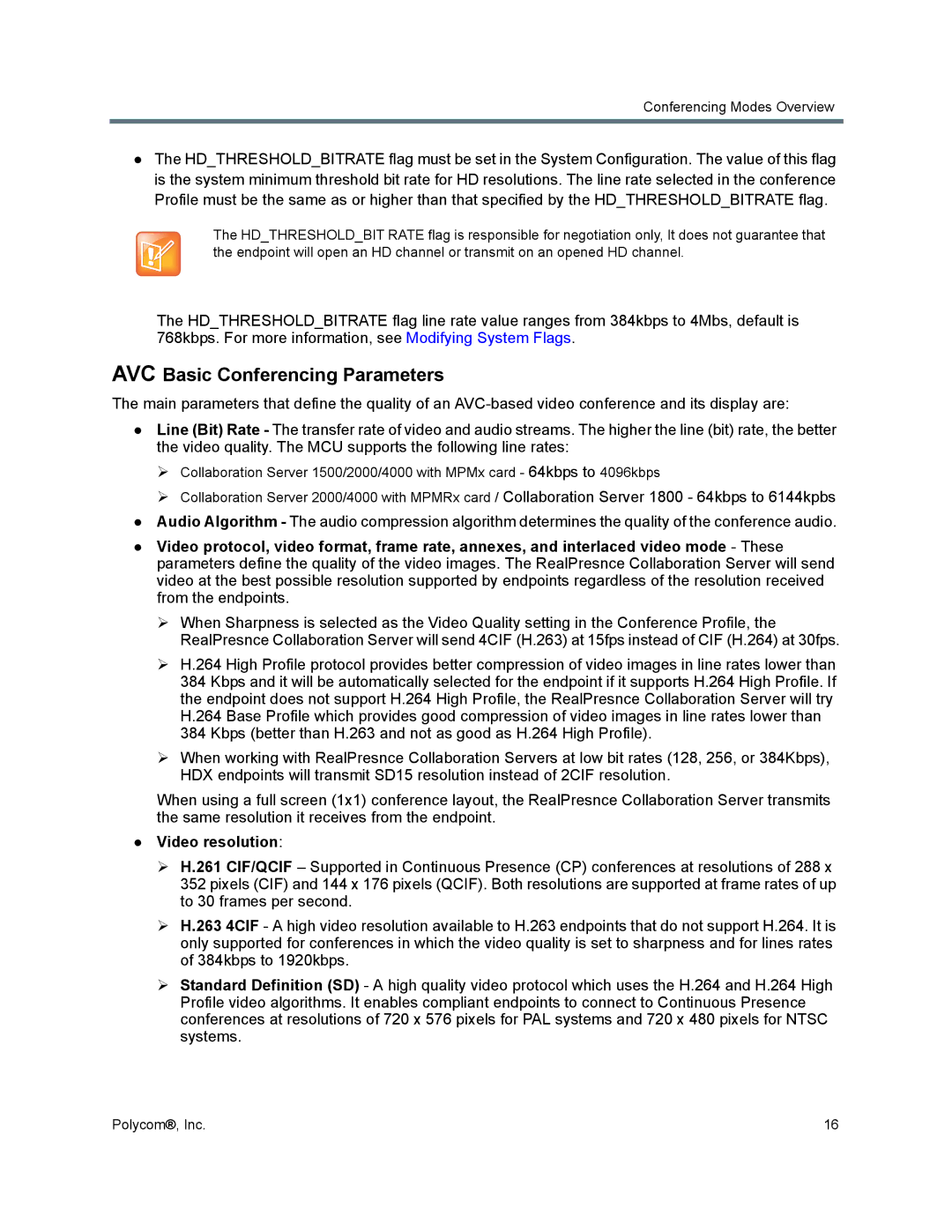 Polycom 1500/1800/2000/4000 manual AVC Basic Conferencing Parameters, Video resolution 
