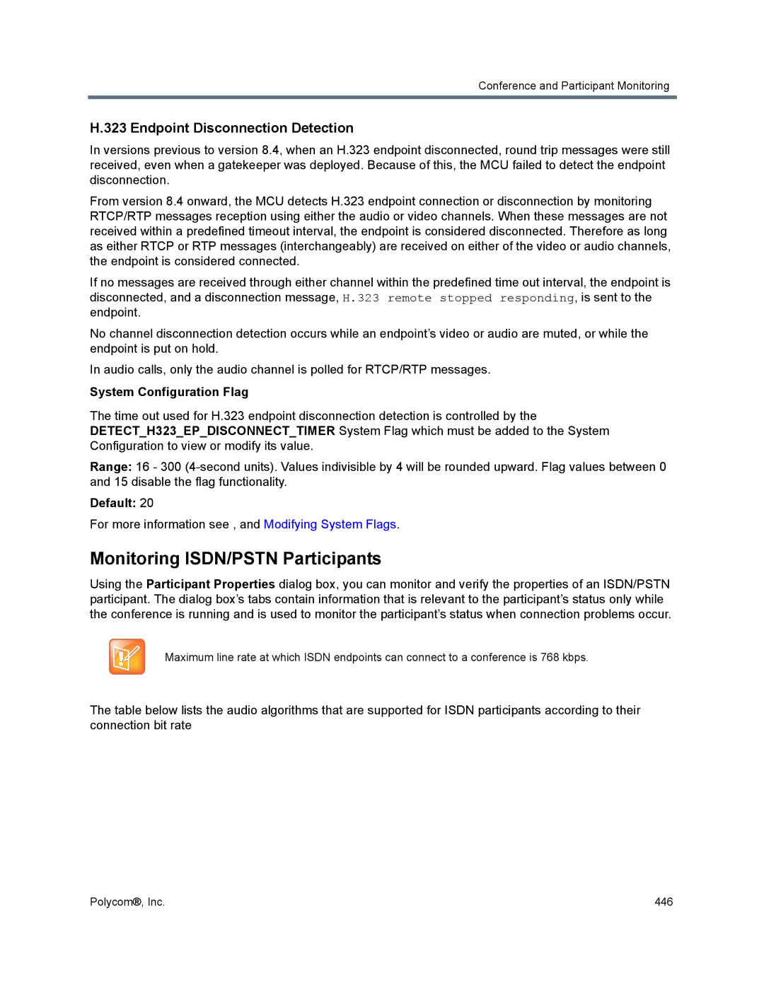 Polycom 1500/1800/2000/4000 Monitoring ISDN/PSTN Participants, Endpoint Disconnection Detection, System Configuration Flag 