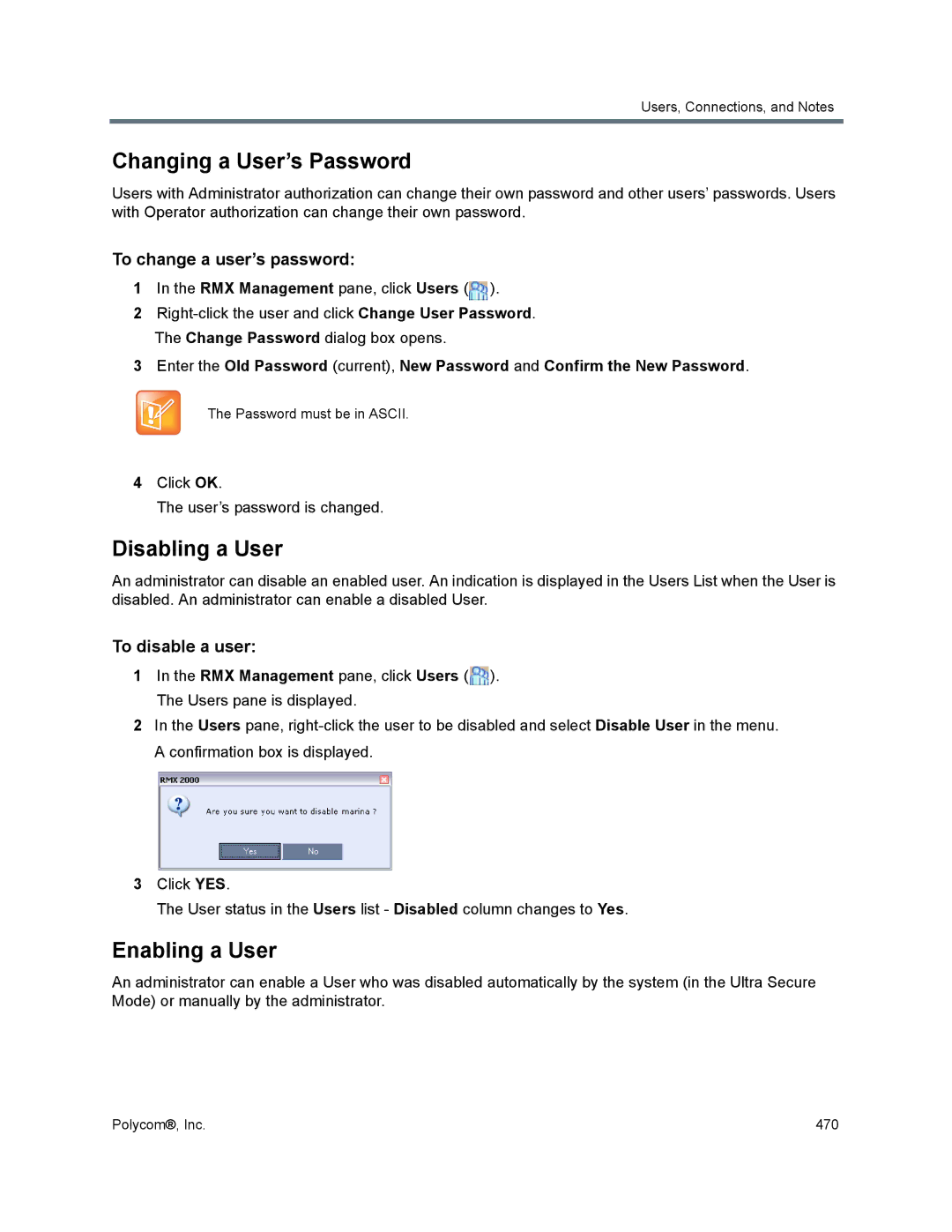 Polycom 1500/1800/2000/4000 Changing a User’s Password, Disabling a User, Enabling a User, To change a user’s password 