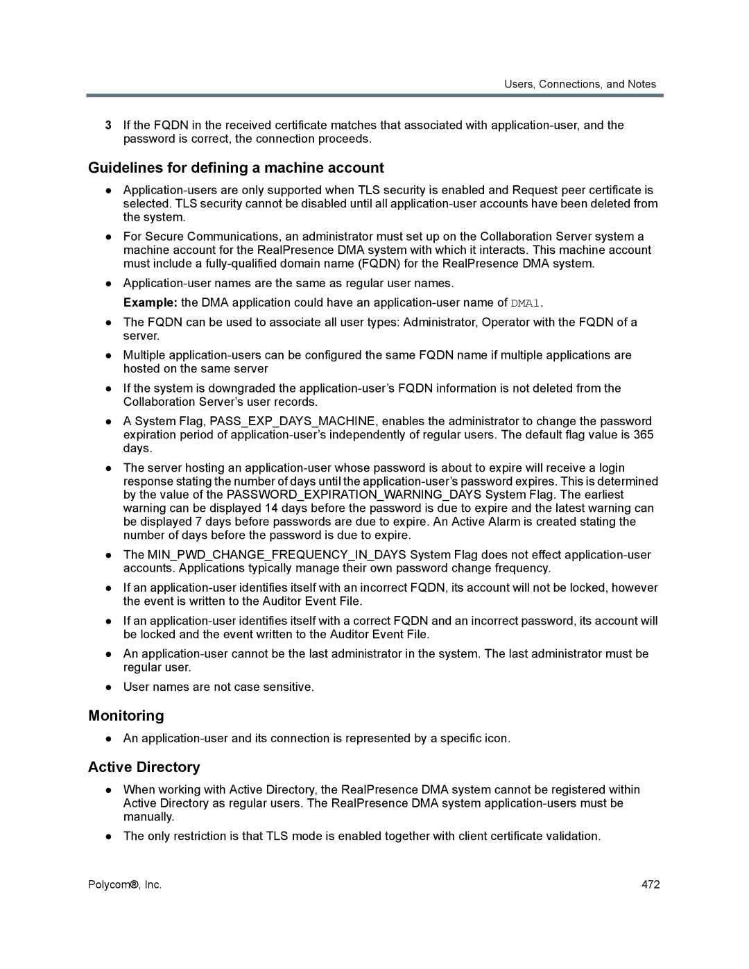 Polycom 1500/1800/2000/4000 manual Guidelines for defining a machine account, Monitoring, Active Directory 