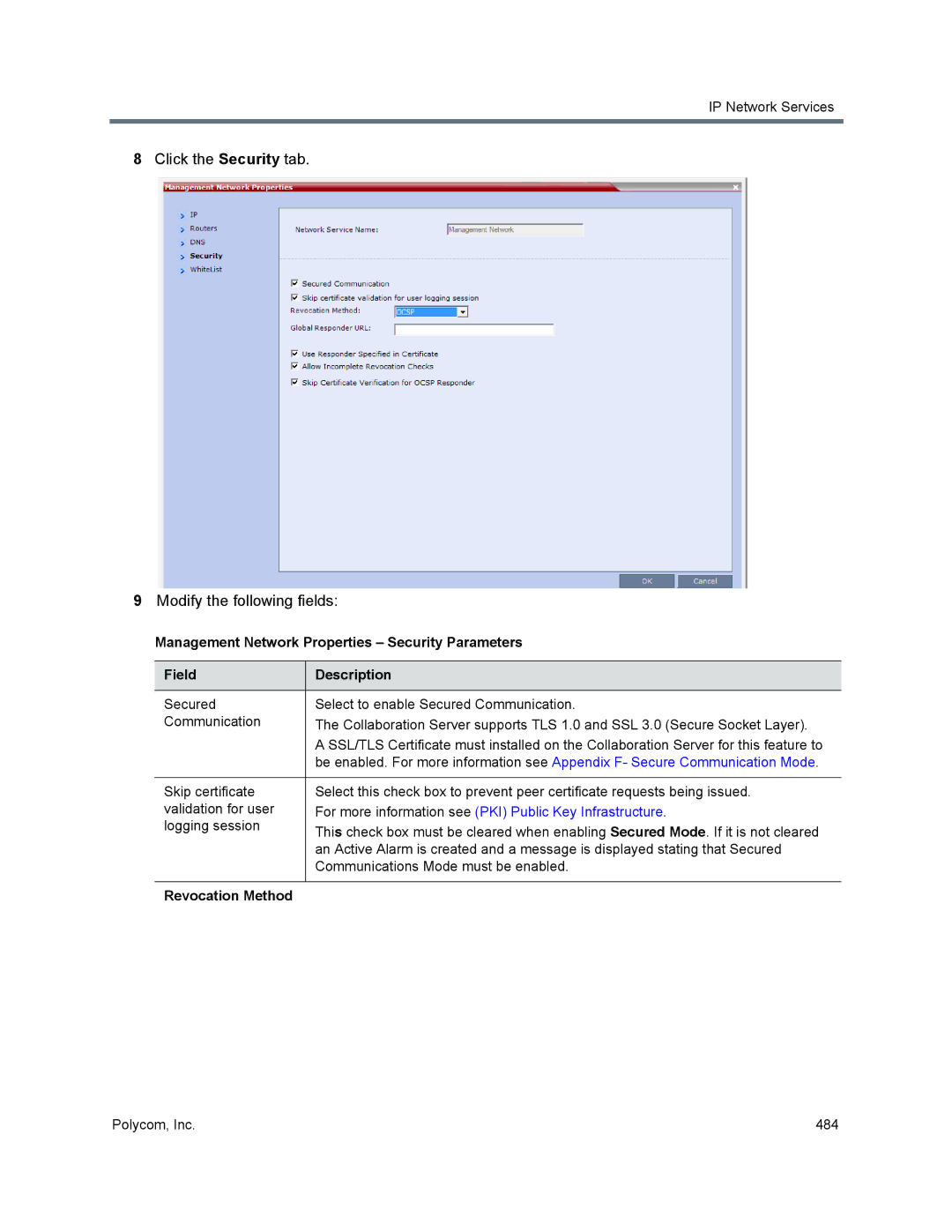 Polycom 1500/1800/2000/4000 manual Click the Security tab Modify the following fields, Revocation Method 